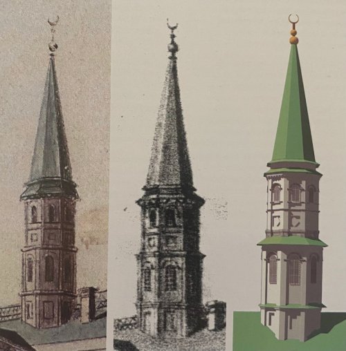 Галиевская мечеть (1798–1801). Композиция мечети производила впечатление устойчивой пирамидальности, благодаря подчеркнуто сходящимся к центральной оси линиям свесов крыши, скатов фронтона. Усиливала это впечатление и легкая пирамидальность минарета, придававшая ему статичность характерную для монументальных каменных башен. Реконструкция Н.Халита по рисунку В.Турина